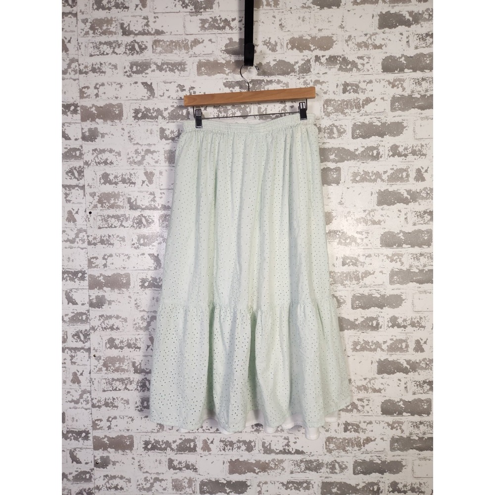 Cottagecore Tiered Eyelet Maxi Skirt Small Mint Green Peasant Prairie Boho READ